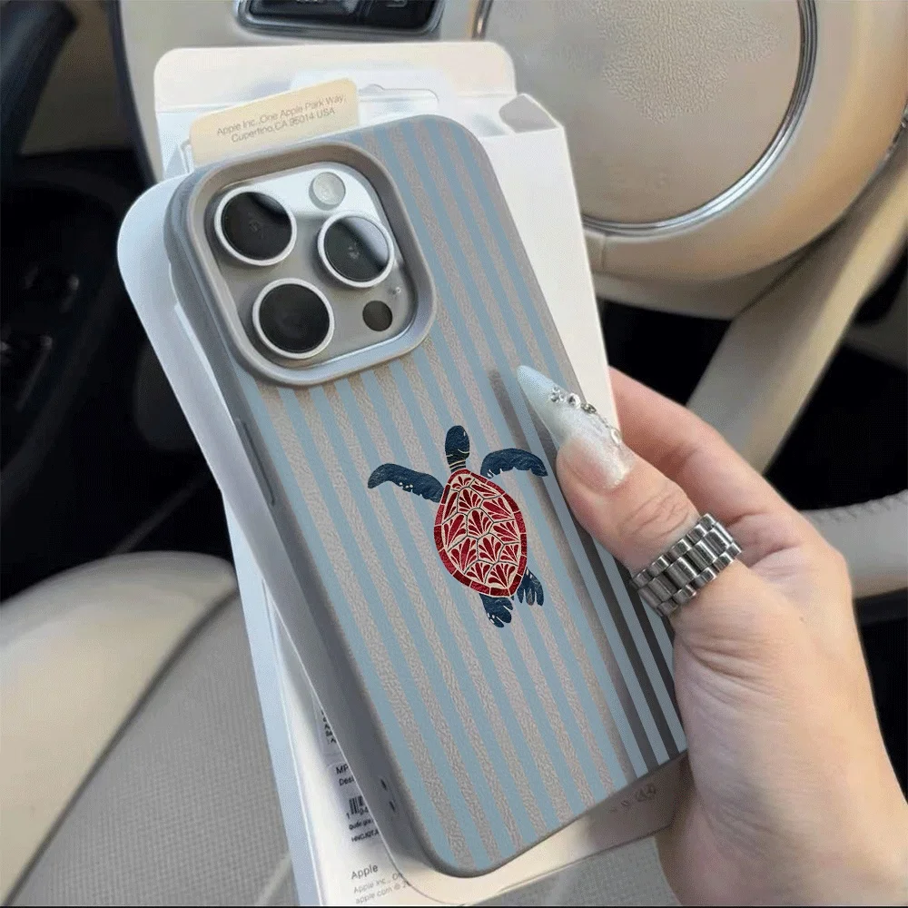 Koreanischer Stil Blaue Streifen Meeresschildkröten-Druck Handyhülle für iPhone 17 16 15 14 13 12 11 Pro Max Plus 17 XR Silikon Matte Hülle – Detail 9