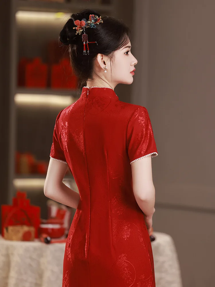 Elegant Women Wedding Cheongsam Short Sleeve Chinese Qipao Dress Mandarin Collar Formal Party Gown Beading Vintage Clothing