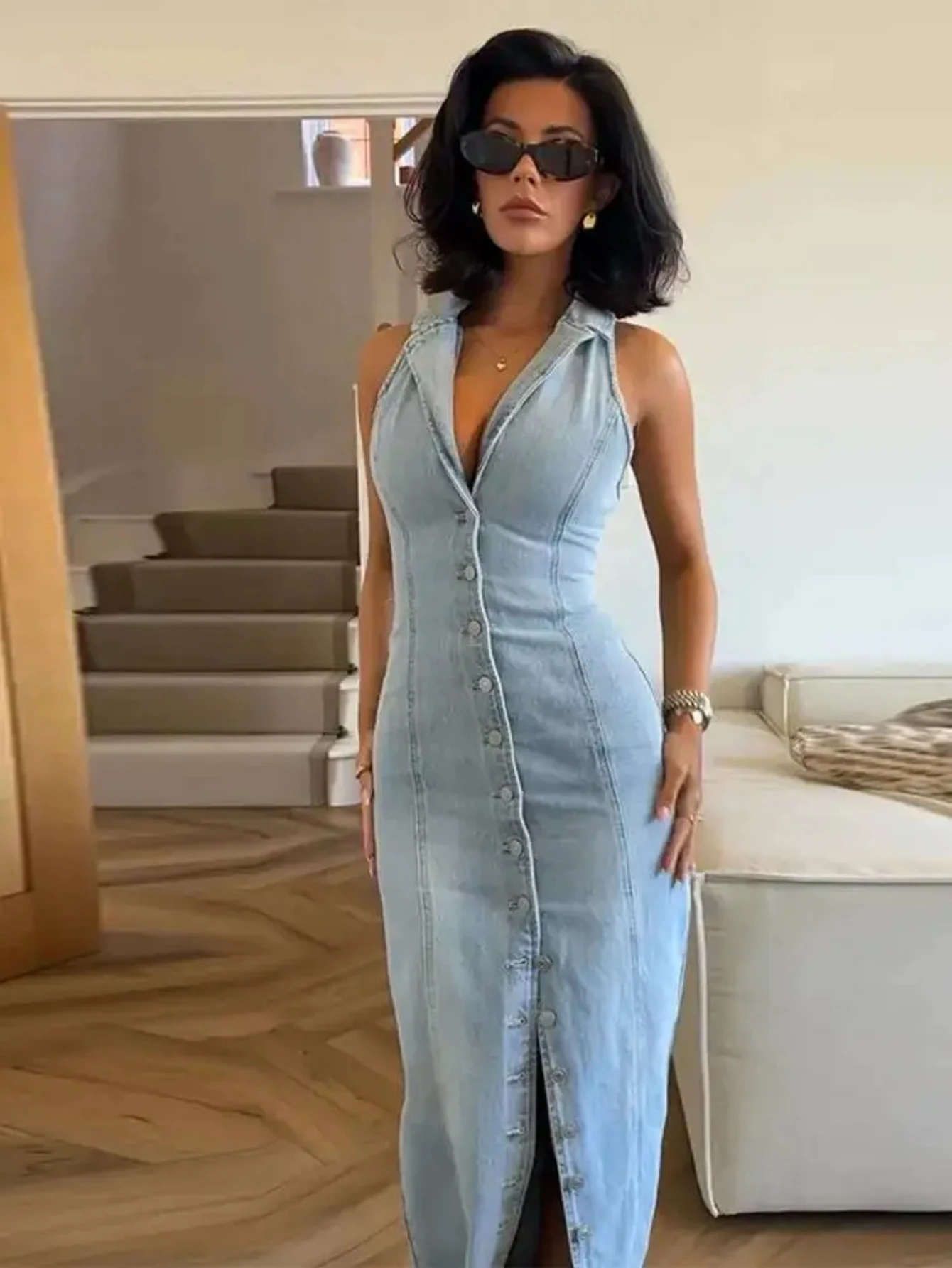 Abito da donna con spacco frontale monopetto in denim da cowboy senza maniche 2025 Abiti casual femminili di moda estiva