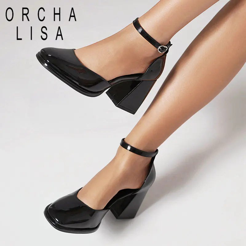 

Женская обувь из лакированной кожи с круглым носком, на толстом каблуке 8 см