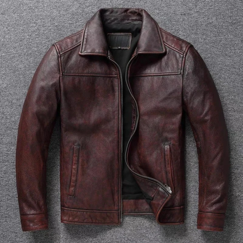 

2025 Ретро мотоциклетная куртка из воловьей кожи первого слоя с рваными лацканами, мужская тонкая короткая классическая мужская кожаная куртка