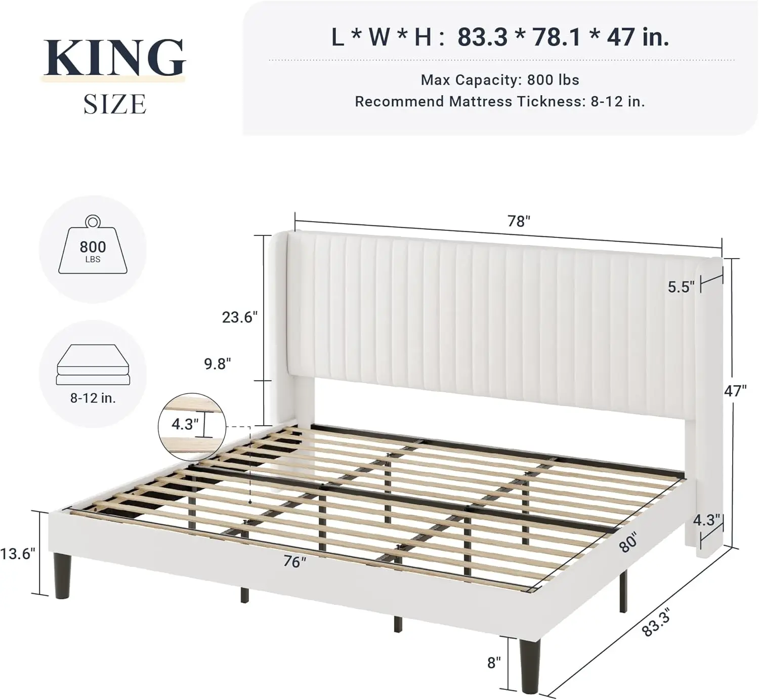 King Size Velvet Bed Frame Vertical Channel Tufted Wingback Headboard Upholstered Platform No Box Spring