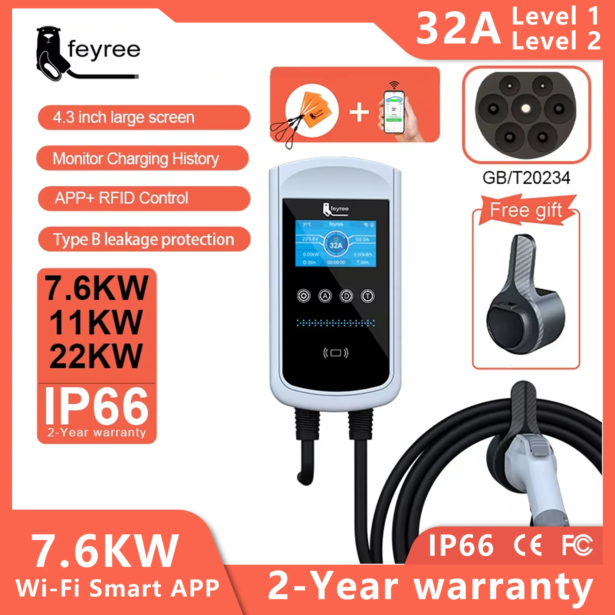 Feyree Caricatore EV Presa GB/T 7.6kw 32A Wallbox Schermo grande da 4,3 pollici Carica APP Registrazione storica 11kw 22kw Stazione di ricarica