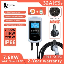 Feyree Caricatore EV Presa GB/T 7.6kw 32A Wallbox Schermo grande da 4,3 pollici Carica APP Registrazione storica 11kw 22kw Stazione di ricarica trifase