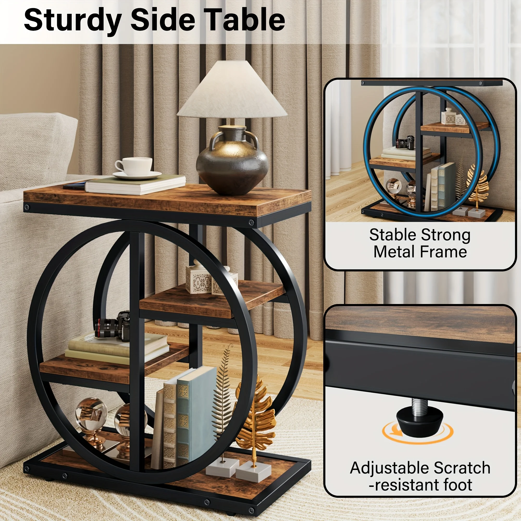 

4-Tier Narrow End Table with Storage Shelves - Space-Saving Brown Wood & Black Metal Frame, Compact Bedside/Sofa Side Table