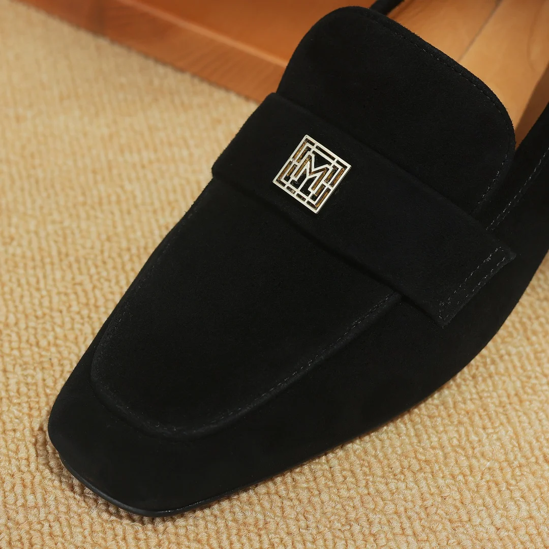 2024 Spring new women\'s natural suede leather square toe slip-on flats loafers high quality soft comfortable female moccasins 42