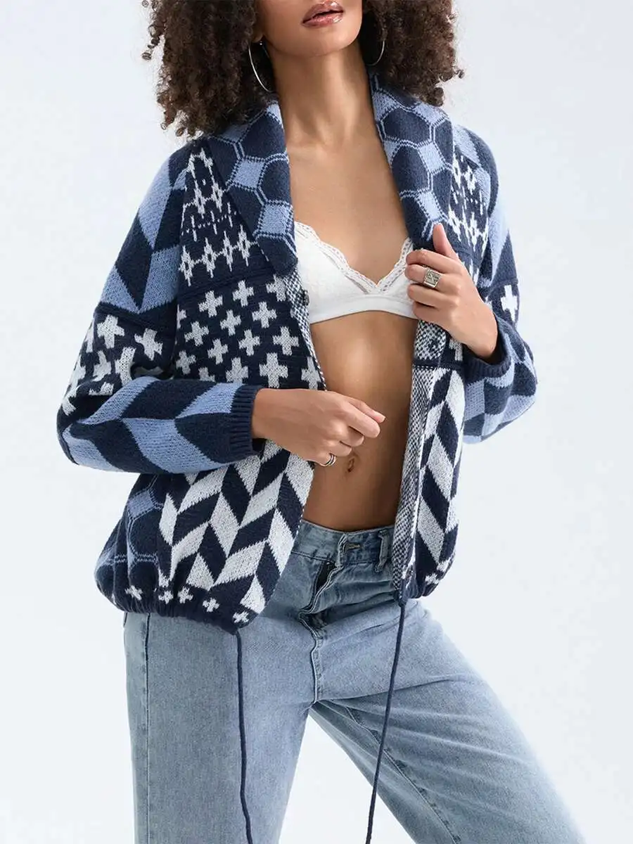 

Boho Women Spring Knit Cardigan Contrast Geometric Pattern Shawl Collar Dolman Sleeve Button Front Loose Sweater