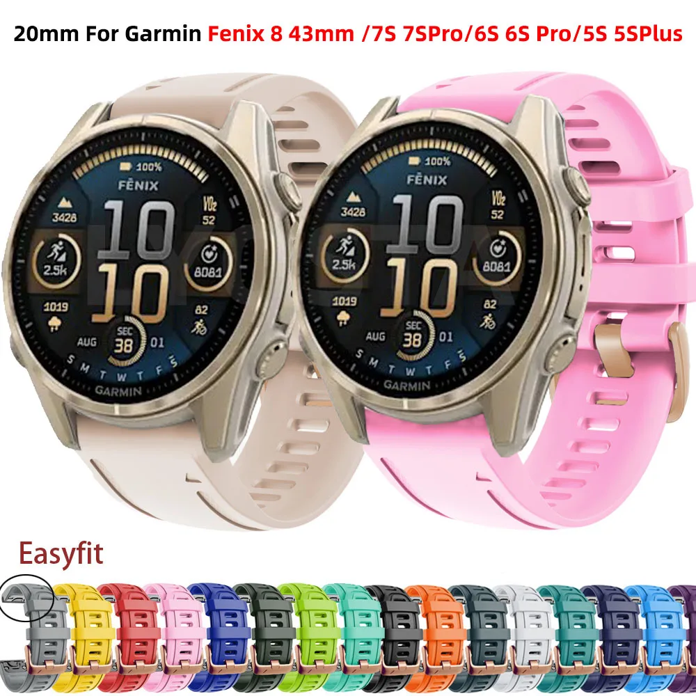 

20mm Smart Watchbands For Garmin Fenix 8 43mm 7S Pro 6SPro 5S Rose Gold Buckle Straps Quick Release Silicone Bracelet Wristbands