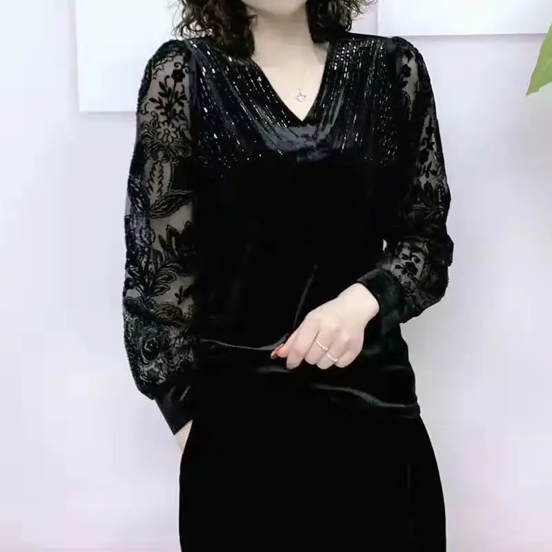 Women Diamond Sexy Sheer Lace Patchwork Elegant Basic T Shirt Spring Autumn Fashion V Neck Long Sleeve Black Pullover Tops Ropa