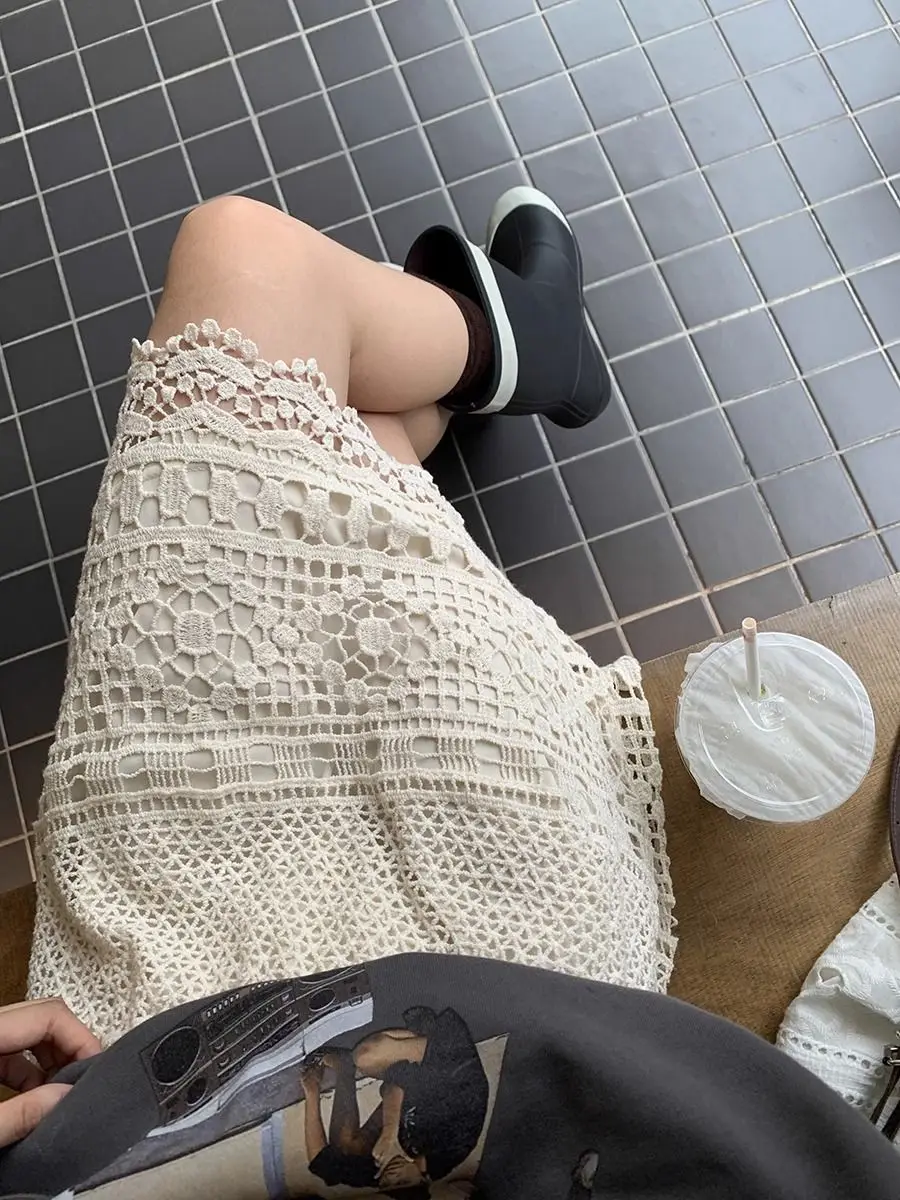 

Hollow Hook Flower Knitted Skirt Women Spring Summer Sweet Lace Wrapped Slim Short Skirts Vintage Beach Style Y2k Clothes
