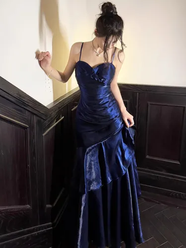 Vestido elegante romántico con volantes para fiesta de sirena para mujer, vestidos azules ajustados con tirantes finos, vestido Formal elegante para banquete 2025