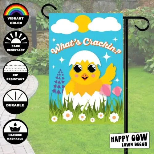 Chick - What's Crackin Double-Sided Garden Flag 12x18 Outdoor Welcome Yard Flags