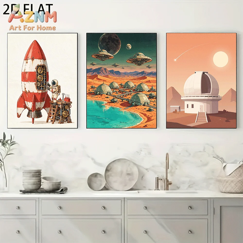 AZNM Frameless Canvas Wall Art, Retro Rocket Astronaut UFO Mars Base Observatory Print, Vintage Sci-fi Outer Space Planet Art Wa