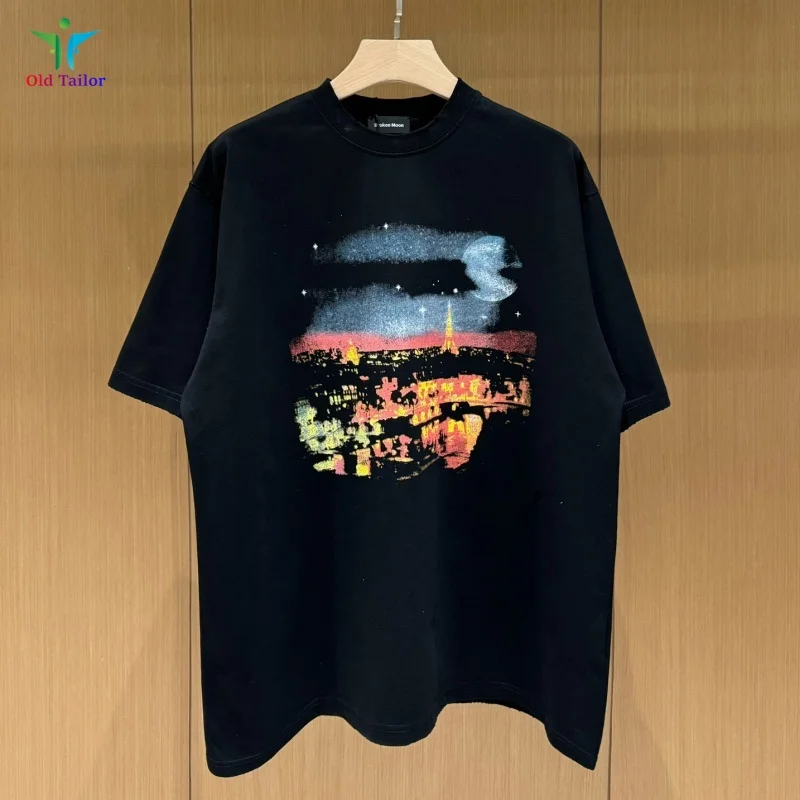 

Street Paris Style Tower Night Print Black Cotton OS Short Sleeve T-Shirt Loose Hip Hop Mens Womens Tops