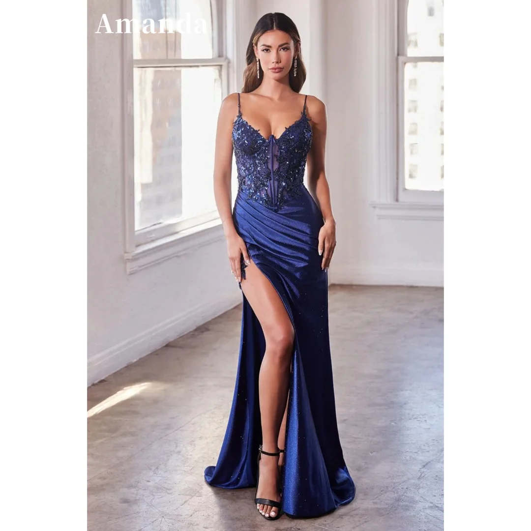 

Amanda Sexy Spaghetti Strap Mermaid Vestidos De Fiesta Dark Blue Fishtail Evening Dresses Gorgeous Shining Brightly Prom Dresses