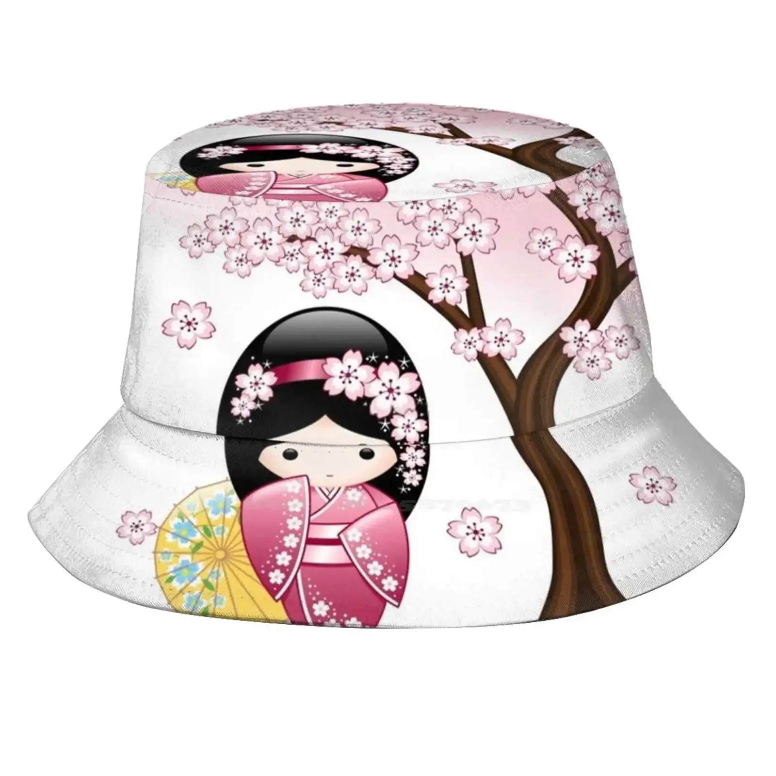 Japanese Spring Kokeshi Doll Bucket Hat Beach Tourism Hats Breathable Sun Cap Spring Kokeshi Doll Cute Girly Vector Cherry