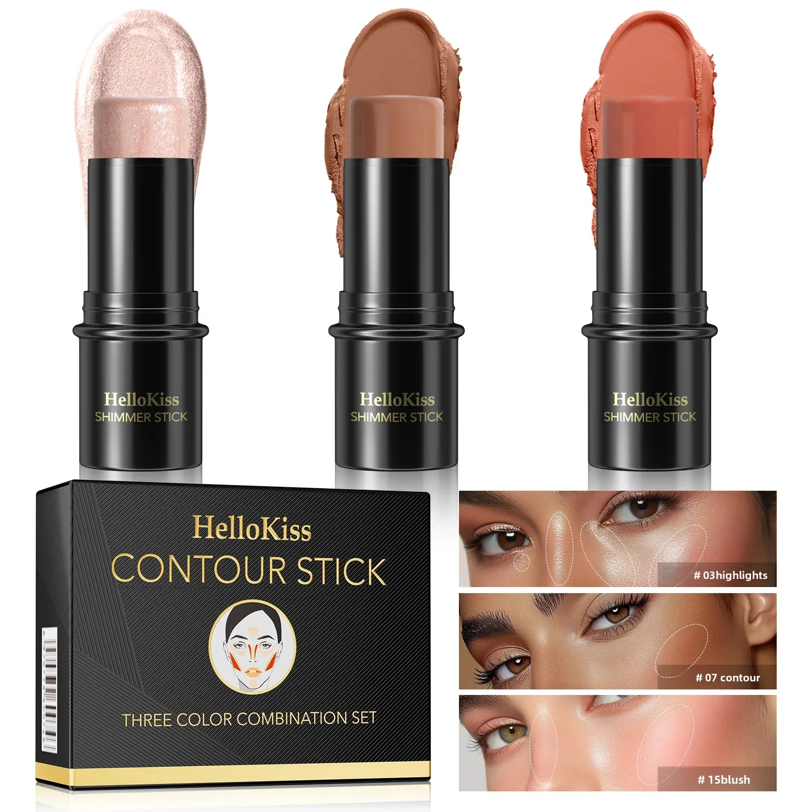 Waterproof Concealer Stick 3Pcs Multifunctional Cream Highlighter Contour Blush Oil Control Makeup Set Cosmetics