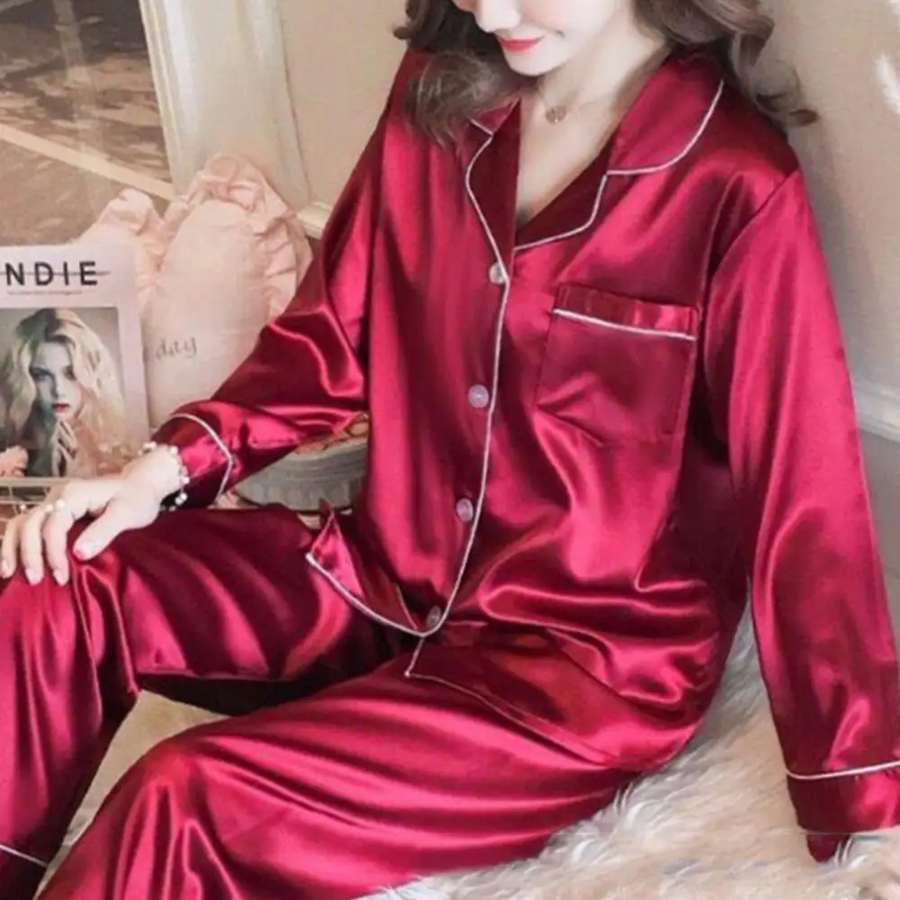 Women Silk Satin Pajamas Long Sleeve Shirt Pants Pajama Set Pijama Lady Loungewear Sexy Sleepwear Loungewear Conjuntos De Pijama