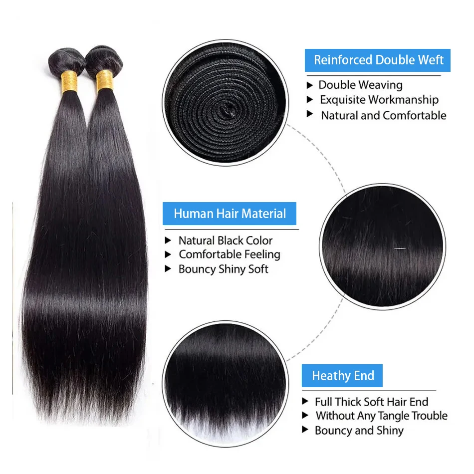 Mèches Brésiliennes Remy Lisses 3/4 Naturelles Noires 28 30 32 Pouces, Extensions de Cheveux à Double Trame pour Femme, 100%