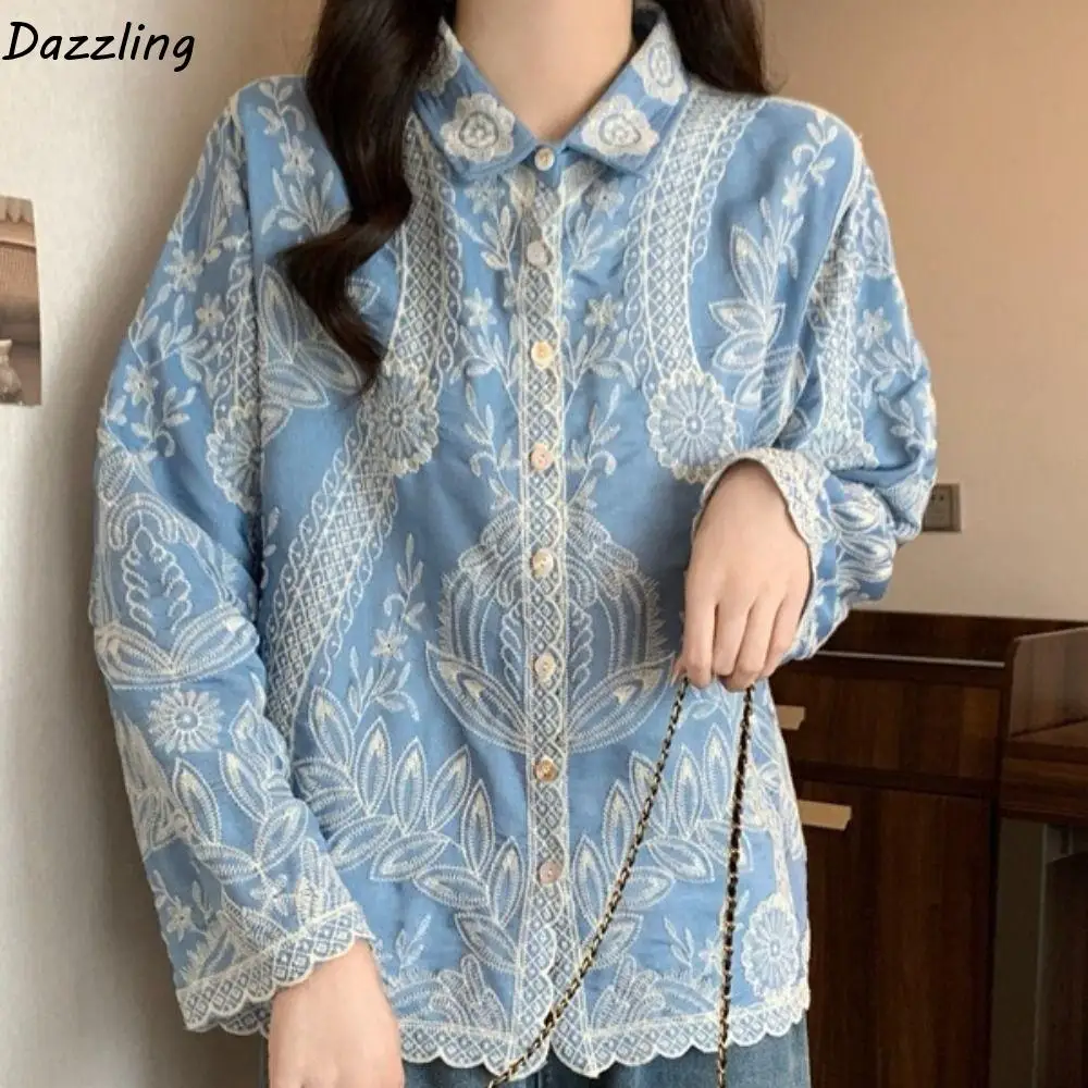 

Fashion Ethnic Style Blouse for Women Sweet Cardigans Embroidery Lace Top Chic Lapel Floral Shirts Vacation