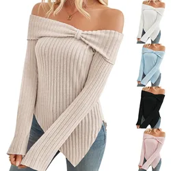 Polyester Women's Off-shoulder Slim Split Pullover Long Sleeve T-shirt Playeras Para Mujer Vetement Femme Tendance Vestiti Donna