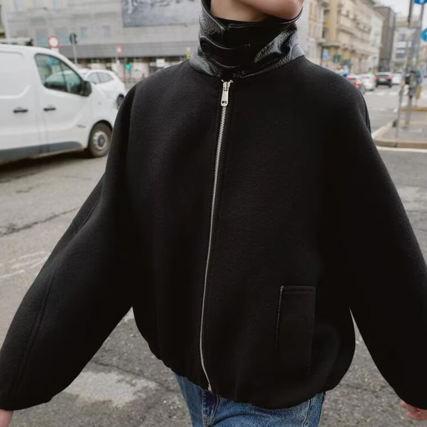 Z Damen Faion Mixed Media Kontrastfarbener Kragen Puffy Jaet Oberbekleidung 2025, New Sle Stand Fit Long Sve Zipper