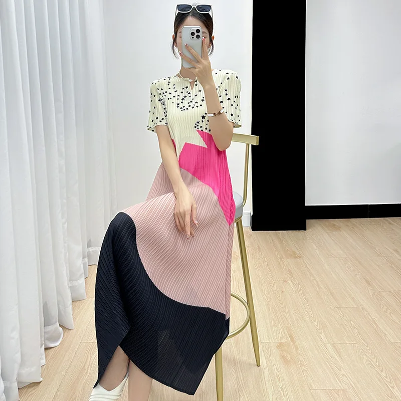 

Miyake 2023 New Summer Loose Slim Temperament Printed Pleated Dress Pleated Short-Sleeved A-line Dresses Women Clothing