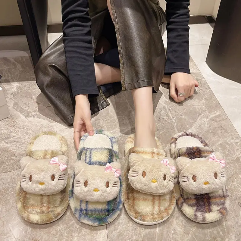 

Kawaii Sanrio Hello Kittye женские плюшевые домашние хлопковые тапочки легкие нескользящие тапочки для осеннего и зимнего фестиваля, подарок