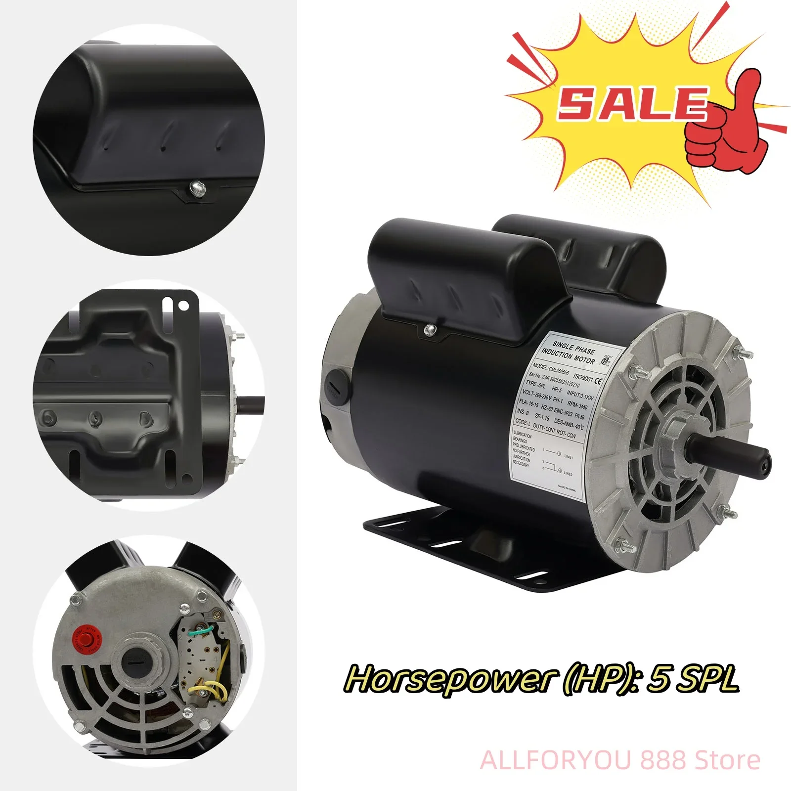 

5HP SPL Air Compressor 208-230Volts Single Phase 5/8" Shaft AC Electric Motor Rotational Speed 3600RPM