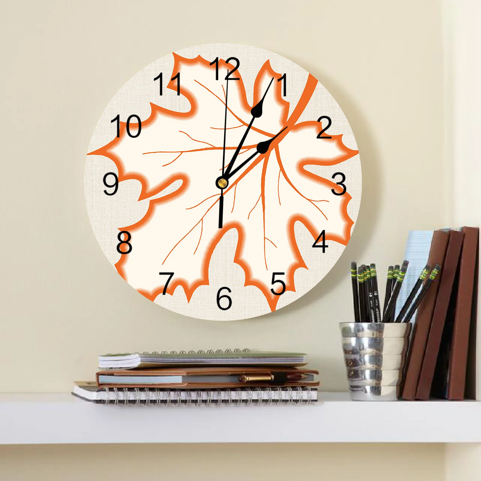 Thanksgiving Autumn Maple Leaf Wall Clock Silent Digital Clocks for Home Bedroom Kitchen Decoration Hanging Watch