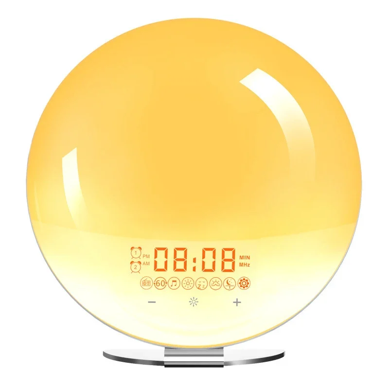 Creative Round Sunrise Wake-Up Light Electronic Alarm Clock Simulated Sunset White Noise Hypnotic Colorful Atmosphere Bedside La