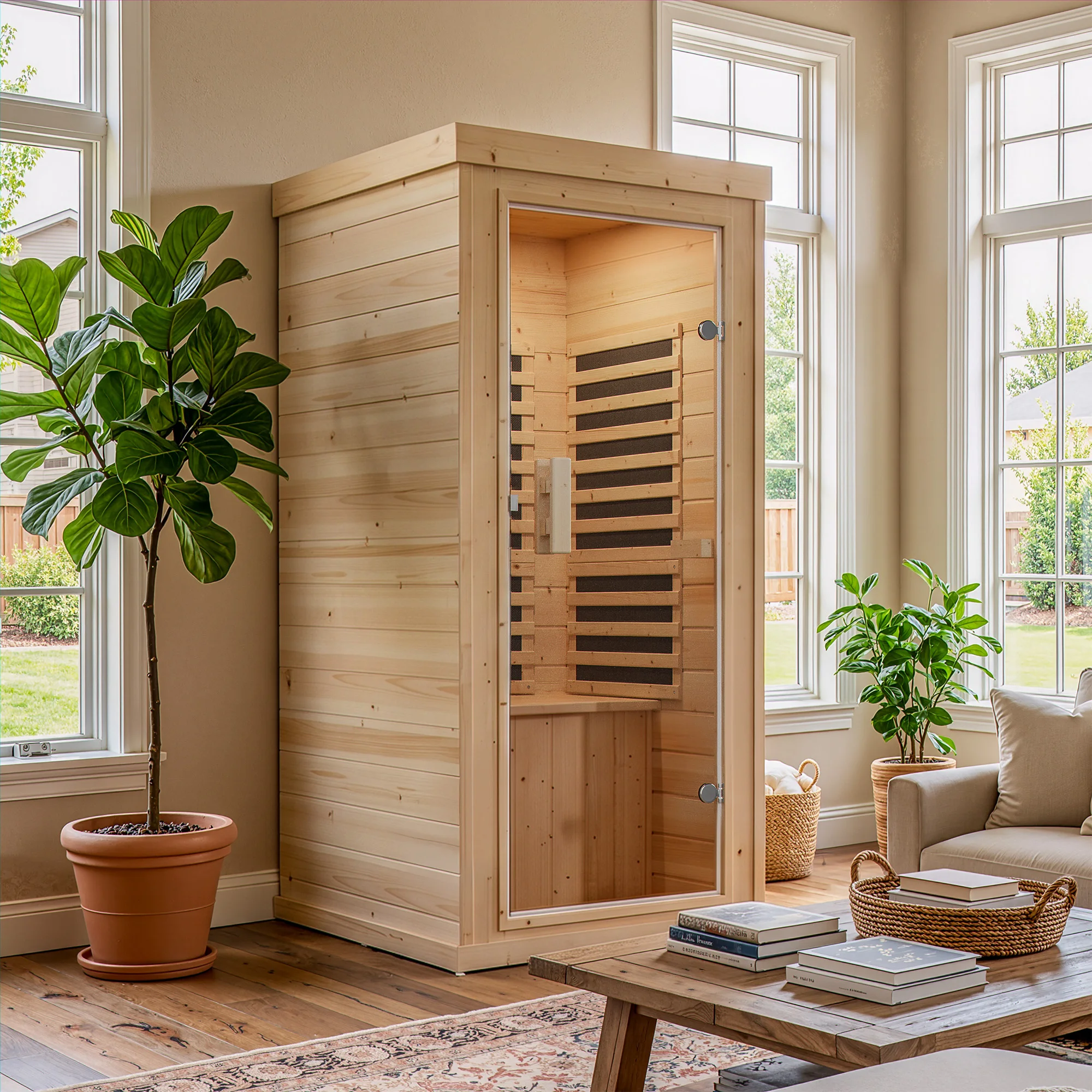 Polar Aurora 1 Person Indoor Sauna Spectrum Infrared Sauna Easy to Install, Sauna in Spruce Wood with Tempered Glass Door, LED Lighting and Digital Control, for Home Spa & Relaxation