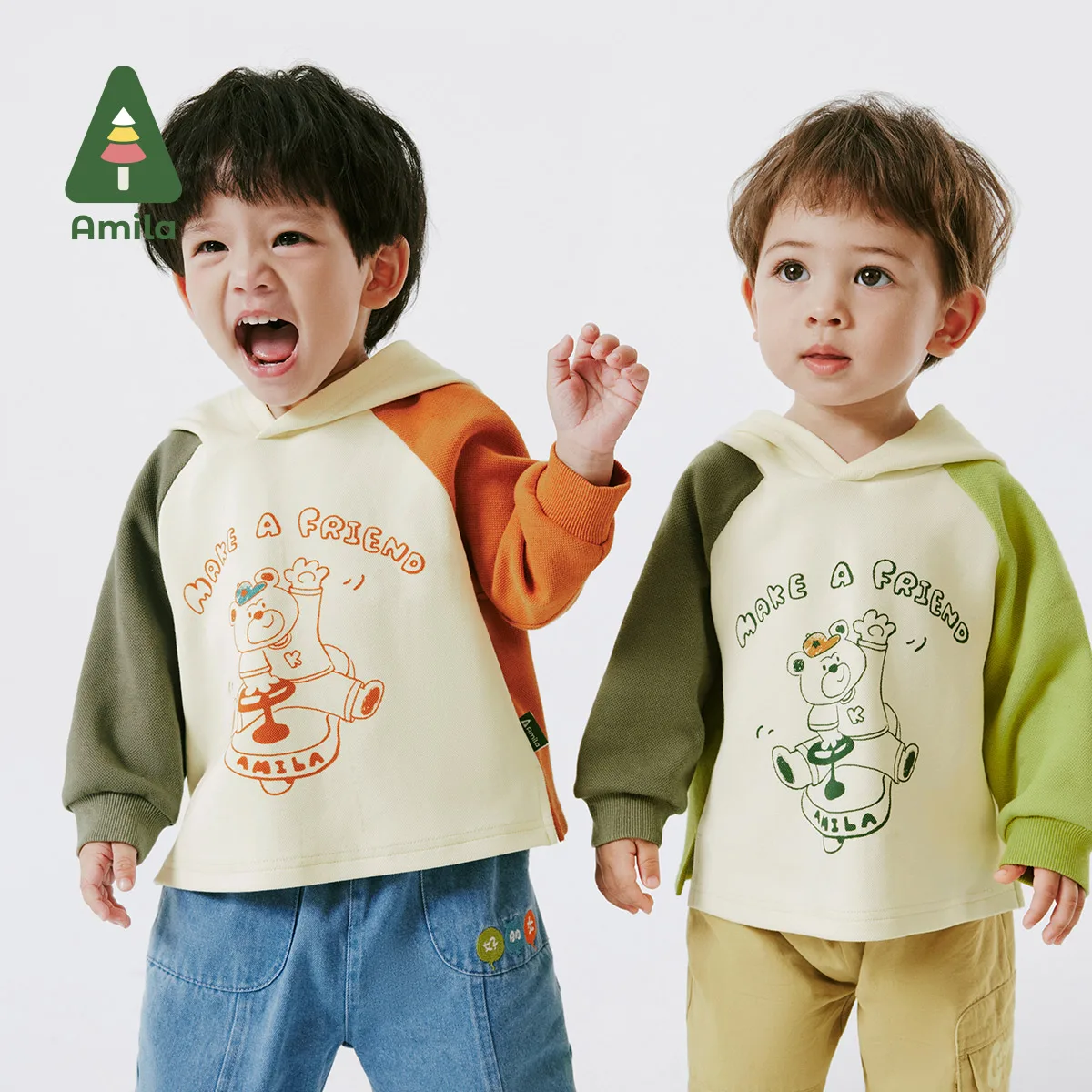 

Amila Baby Pullover 2024 Spring New Contrast Splicing Elastic Breathable Lovely Cartoon Boys Hooded Sweatshirt