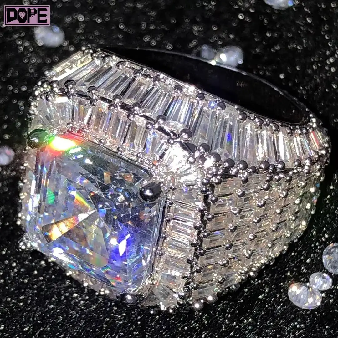 Hiphop Moissanite Ring Iced Out VVS Baguette Diamond Asscher Cut 925 Sterling Silver Men Custom Ring