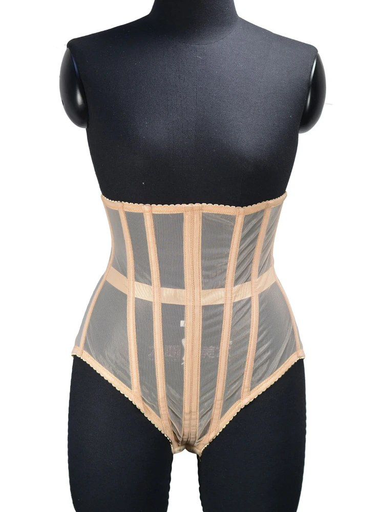 Women's Abdomen Corset Transparent Panties Crops Tummy Shapewear Belly Control Waist Trainer with Steel Bones Mesh Body Shaper