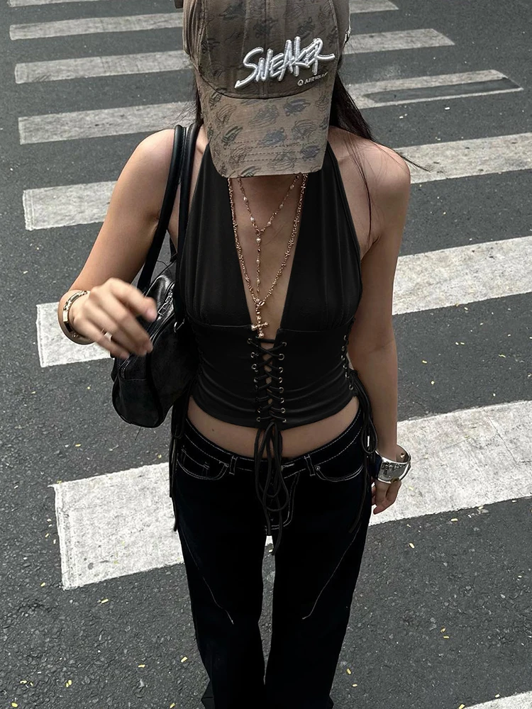 Nibber Halter Profondo scollo a V Top da donna Lace-Up senza maniche Backless Solid Street Sexy Midnight Skinny Summer Fashion Gilet versatile