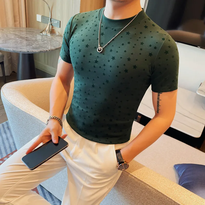 Summer Flocking Five Pointed Star Short Sleeved T-shirt for Men's Solid Color Round Necked Casual Business Tee Tops Men Clothing