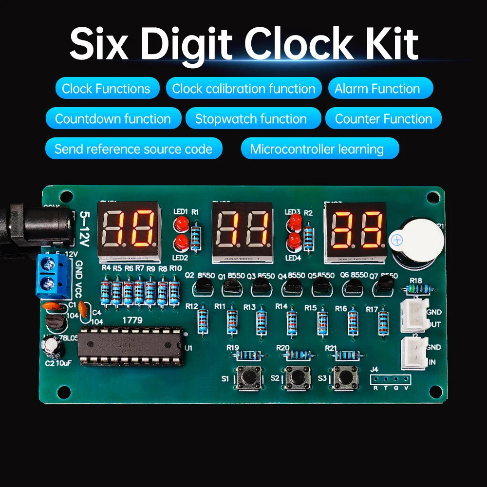 

DIY Kit цифровые часы 6 бит 51 микроконтроллер электронный будильник комплект с зуммером комплект для ношения для Arduino