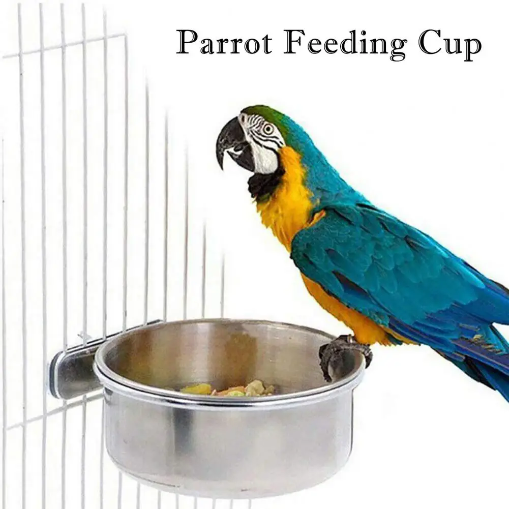 Bird Feeders Stainless Steel Parrot Feeding Cup Hanging Bowl Anti-turnover Pet Food Cage Cup With Clips Sturdy Pet Supplies