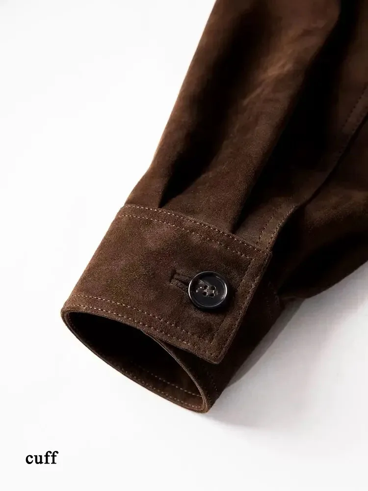 Winter Brand New Suede Leather Jacket for Women Collar Pocket 100% Kid Suede Slim Fit Coat With Belt Coffee Shirt Vestes Femmes