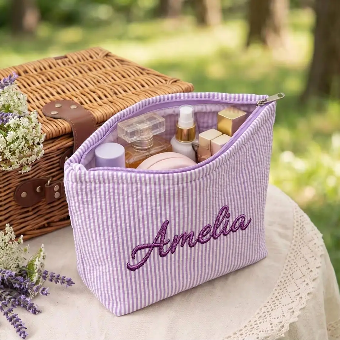 Embroidered Name Makeup Pouch Custom Seersucker Cosmetic Bag Picnic Travel Toiletry Bag,Cottagecore Gift for Her Bridesmaid Gift