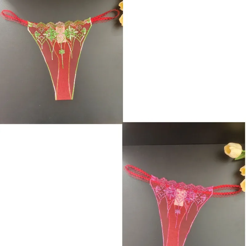 

Elegant Sexy Breathable Comfortable Three-color Matching Lace Crotch-free Sexy Transparent Red Mesh Embroidered Women's Thong