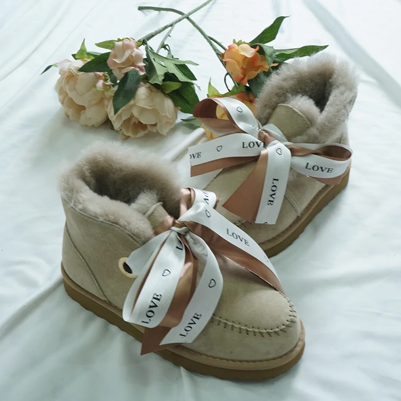 

2026 Genuine Cowskin Boots Women Sheep Wool Boots Winter Snow Boots Lace-Up Sweet Two Styles of Bows Ankle Women's Shoes