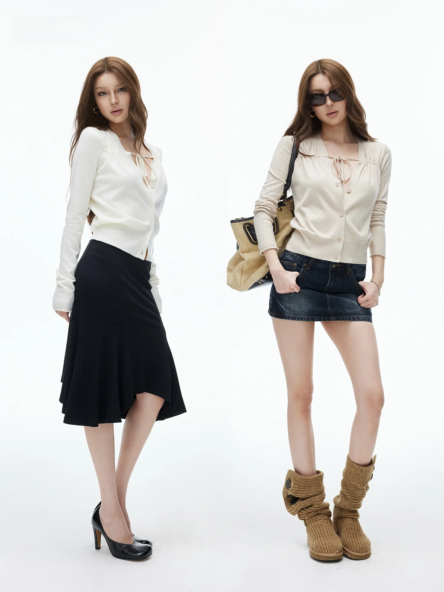 

Skin-friendly Fce V-ne Knitted Sweater ort Fit Sle Pleated Design Long Sve Polyester Fiber Regular Fit Cardigan