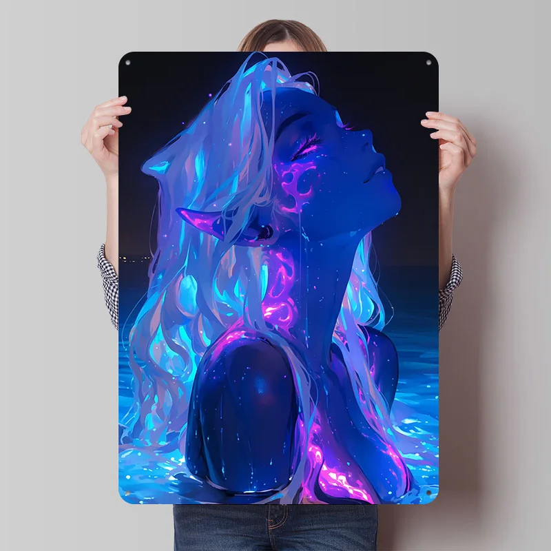Neon Water Spirit Anime Girl Metal Poster Custom Wall Art Retro Vintage Tinplate Signs for Man Cave Office Decor House Home Desk