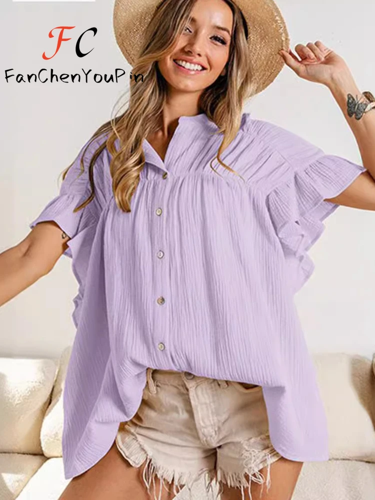 Hot Selling Women's Shirt Fashion Stand Up Collar Single Breasted Butterfly Sleeve Tops Casual Loose Pleated Elegant Cardigan