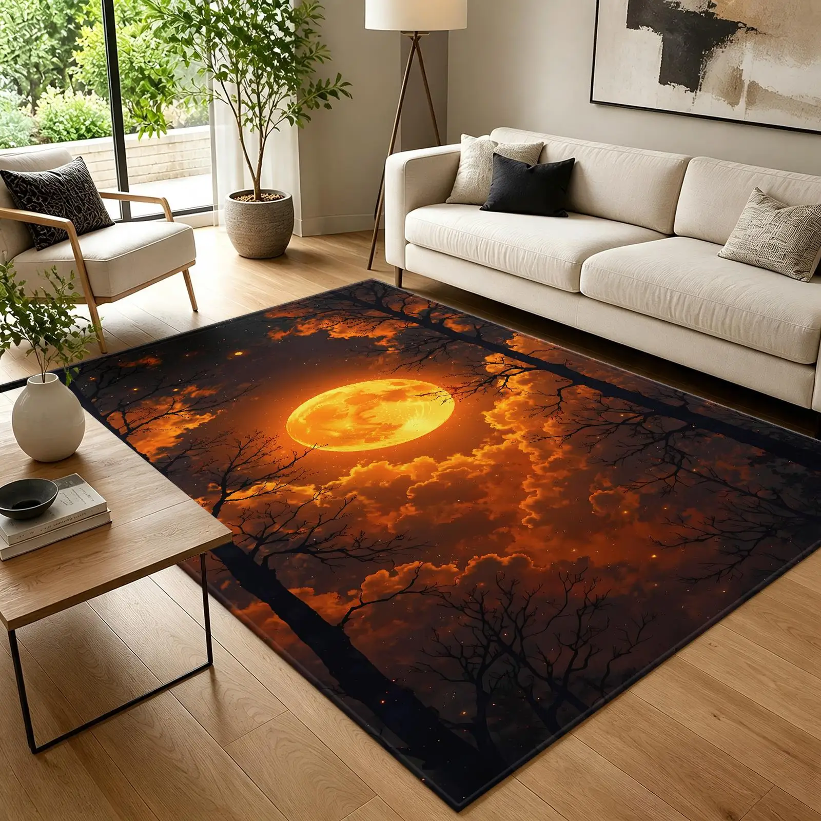 1pc 2D Flat Blood Moon Bare Tree Dark Night Sky Printed Floor Mat, Decorative Rug for Living Room, Bedroom, Home
