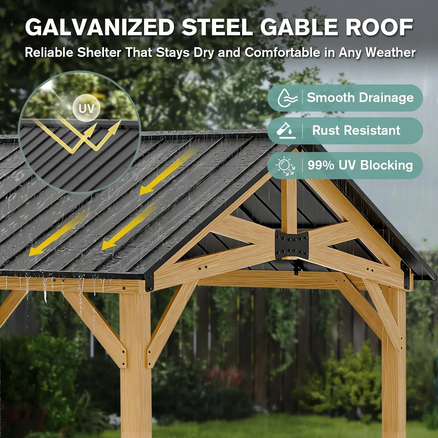 13x15 Hardtop Outdoor Gazebo with Cedar Wood Post-and-Beam Frame, Galvanized Steel Gable Roof Pavilion Shelter for Garden, Lawn, Poolside, Patio and Deck, Natural Wood/Black