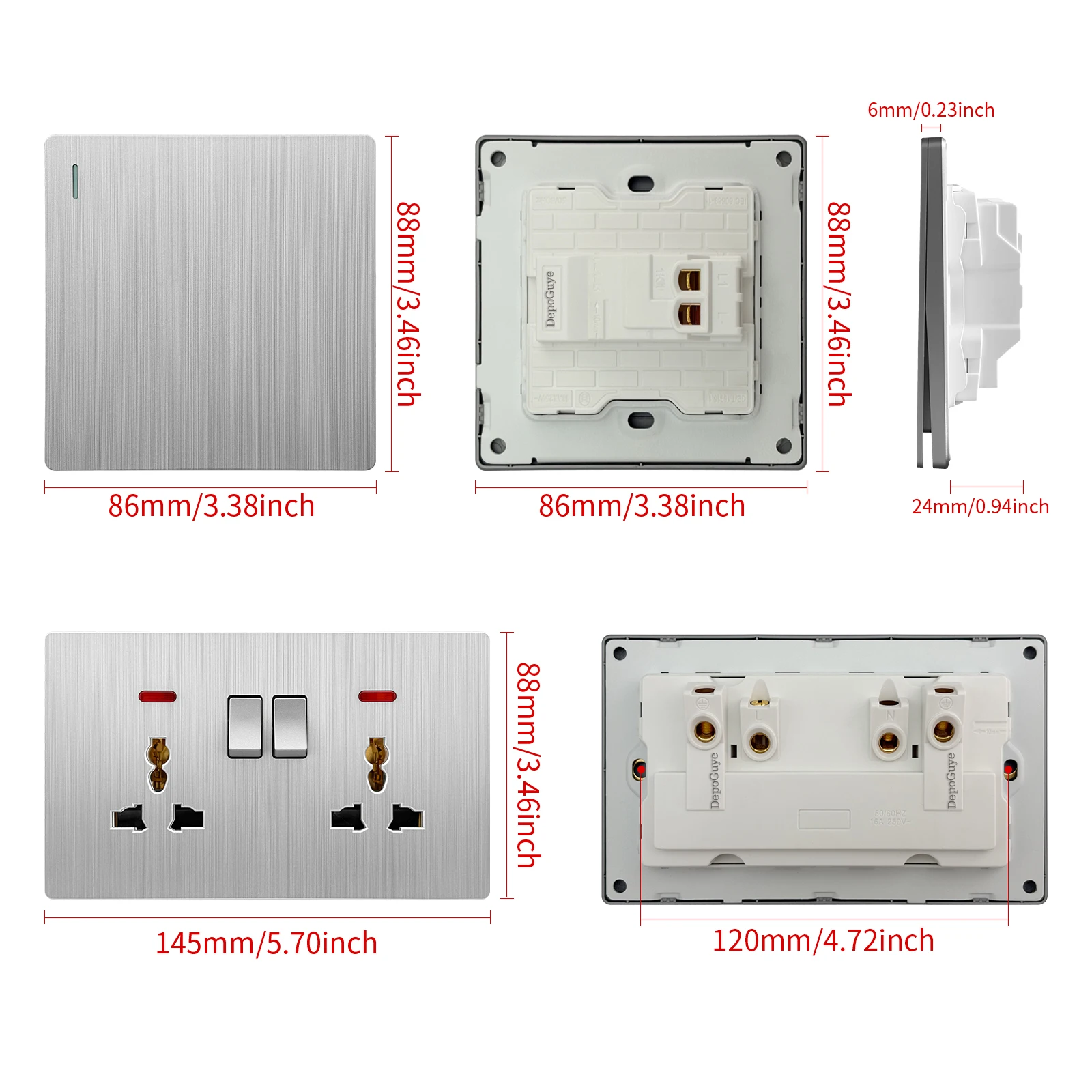 UK Standard Silver-Gray Wall Switch, Universal Dual 3pin Socket, Ultra Thin EU FR Switch 1/2/3/4Gang 1/2Way Button Light Switch image 4