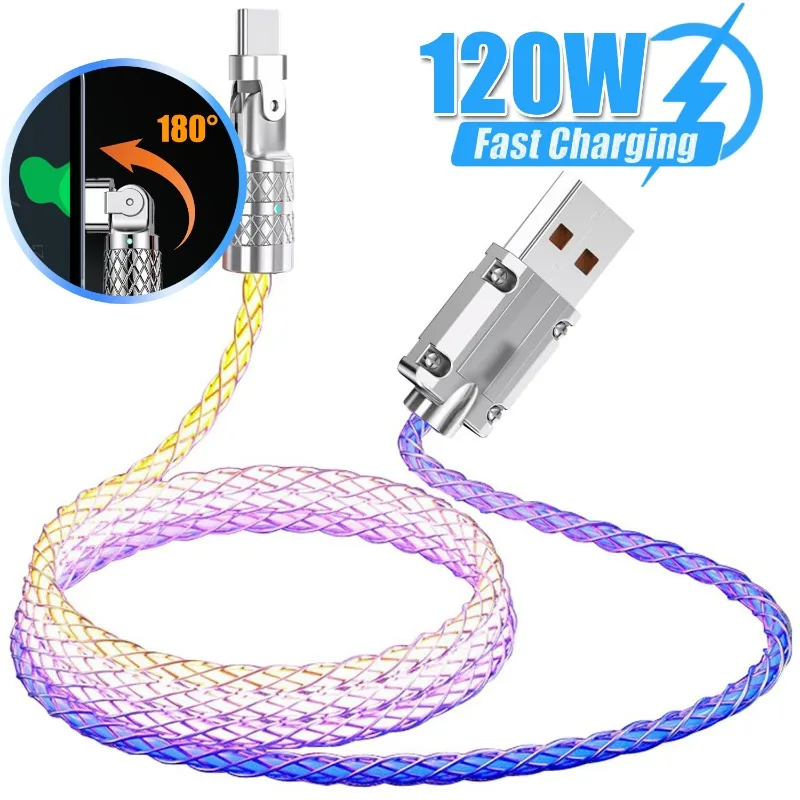 Light Up USB C Micro Cable 6A 120W RGB Colorful Gradual Rotatable Charge Cable Fast LED Charging Cord for Samsung Xiaomi Huawei